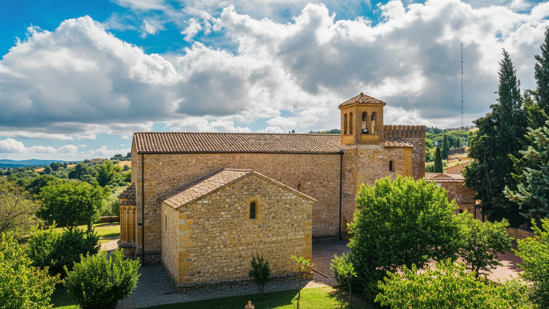 L'Abbazia di Santo Spirito in pietra chiara, con il campanile e le absidi, circondata dal verde della campagna nissena