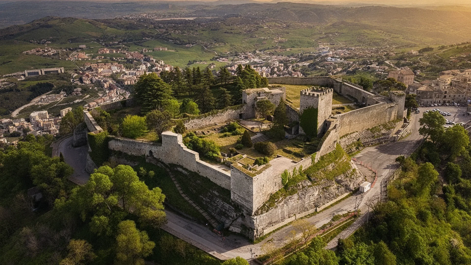 Veduta dall'alto del castello che domina Enna, con la cinta muraria, le torri e la città affacciata sulle colline siciliane