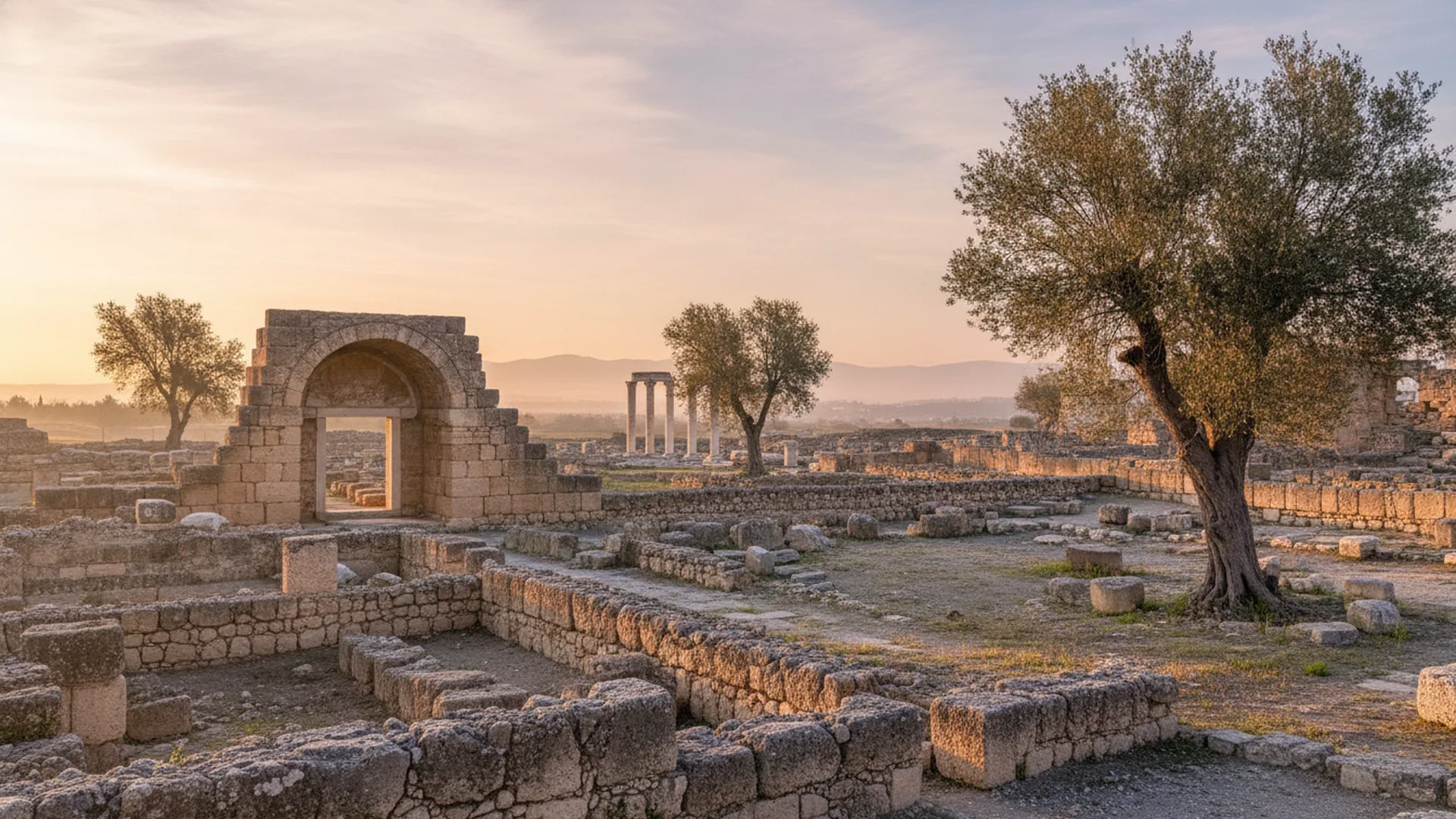 Un'area archeologica romana all'alba: un arco in pietra, basamenti di colonne e ulivi fra i resti delle murature